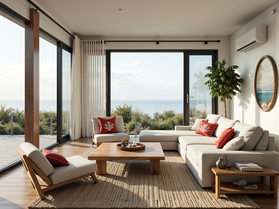 Prompt: Coastal living room, ocean-inspired color palette, driftwood accents, natural textiles, woven sea grass rugs, coral-patterned throw pillows, nautical-themed decorative objects, floor-to-ceiling windows, sliding glass doors, beachy vibe, soft warm lighting, shallow depth of field, 3/4 composition, panoramic view, realistic textures, ambient occlusion, modern minimalist furniture, reclaimed wood coffee table, comfortable linen sofas, ocean-breeze sound effects.