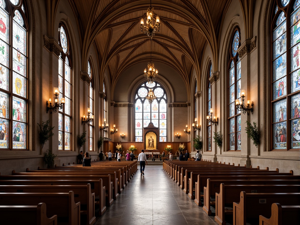 Prompt: Vaulted ceilings, stained glass windows, grandiose chandeliers, ornate wooden pews, intricate stone carvings, fusion of modern minimalism, sleek metal accents, warm ambient lighting, soft natural textures, sacred symbols, vibrant spiritual colors, dramatic archways, symmetrical compositions, 1/1 aspect ratio, shallow depth of field, realistic reflections, subtle atmospheric effects.