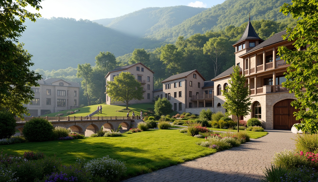 Prompt: Rolling hills, lush green meadows, serene lakeside, ancient stone bridges, rustic wooden fences, weathered brick pathways, Romanesque style buildings, ornate archways, grandiose entrance gates, intricate stone carvings, vibrant blooming flowers, sunny afternoon, soft warm lighting, shallow depth of field, 3/4 composition, panoramic view, realistic textures, ambient occlusion.