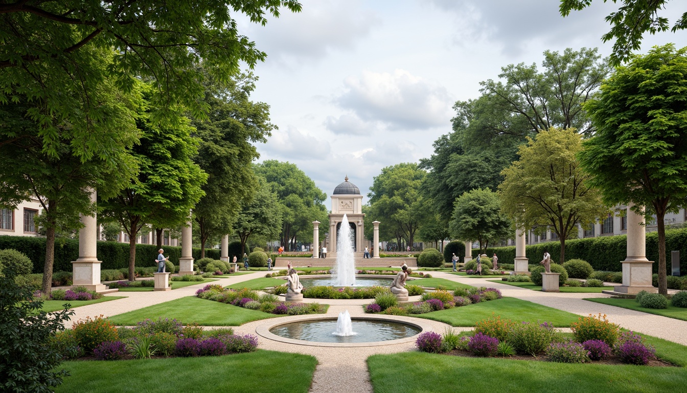 Prompt: Manicured lawns, ornate fountains, symmetrical gardens, majestic trees, walking paths, stone statues, classical columns, ornamental hedges, vibrant flower beds, tranquil ponds, serene water features, elegant street lamps, refined benches, harmonious color palette, soft natural lighting, 1/1 composition, realistic textures, ambient occlusion.