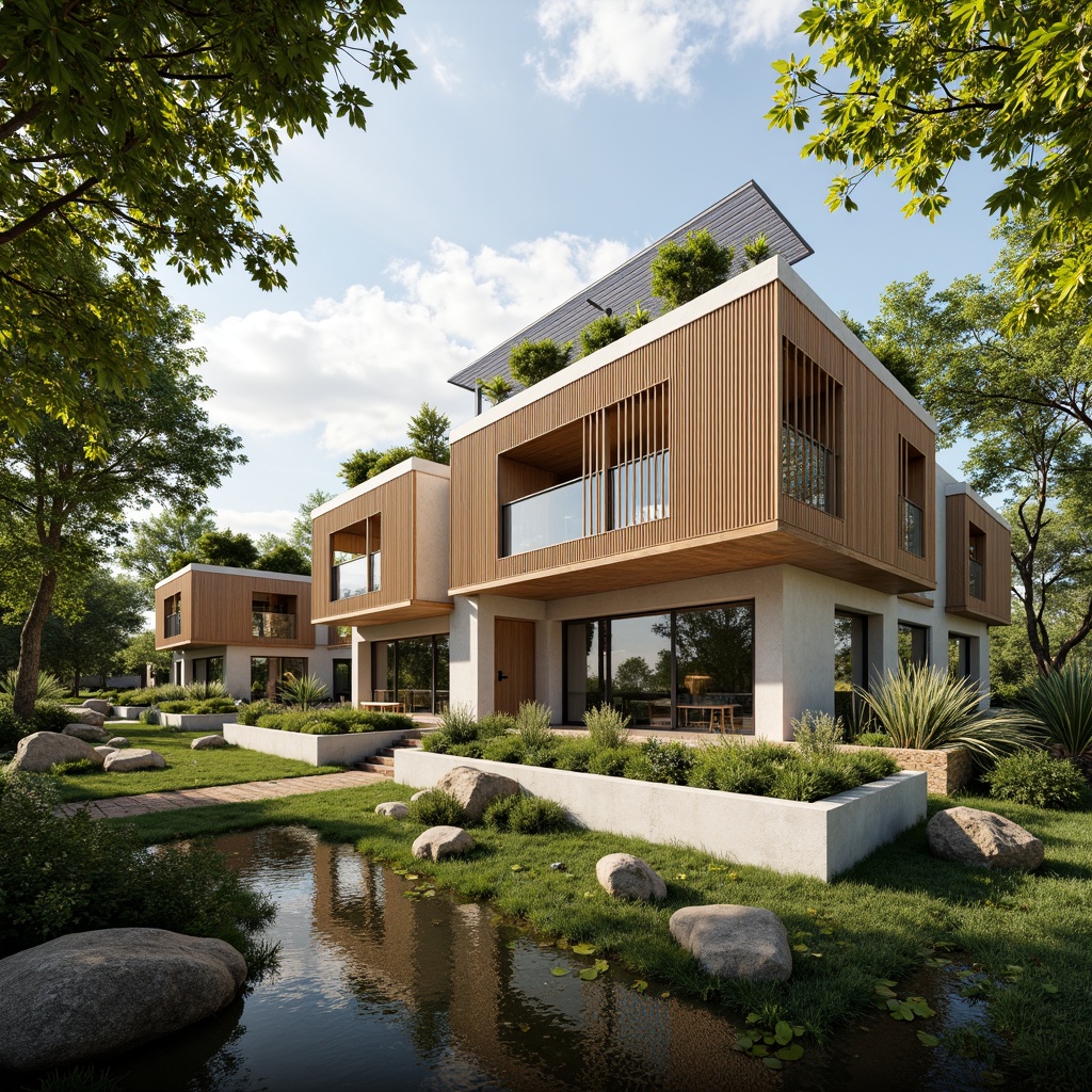 Prompt: Sustainable buildings, eco-friendly materials, recycled wood accents, bamboo flooring, low-carbon concrete, green roofs, living walls, solar panels, wind turbines, rainwater harvesting systems, natural ventilation, large windows, clerestory windows, skylights, abundant natural light, soft warm lighting, 3/4 composition, panoramic view, realistic textures, ambient occlusion.