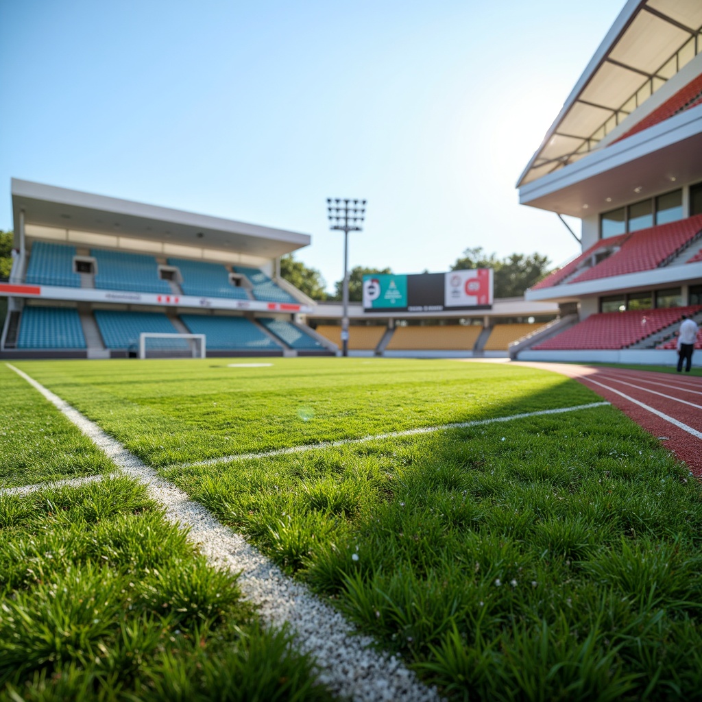 Prompt: Athletic sports fields, lush green grass, vibrant track lines, modern stadium seating, scoreboard displays, floodlighting, sunny afternoon, shallow depth of field, 3/4 composition, panoramic view, realistic textures, ambient occlusion, rubberized tracks, professional goalposts, soccer nets, basketball hoops, tennis courts, athletic equipment storage, water coolers, sports medicine facilities, referee areas, spectator zones, accessible walkways, natural stone pathways, modern fencing systems.