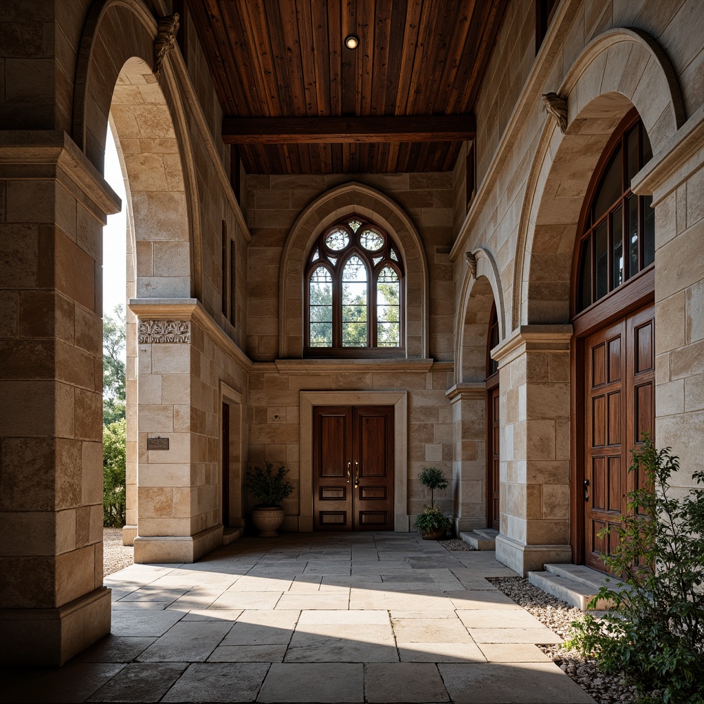 Prompt: Rustic stone walls, weathered brick facades, ornate carvings, grand archways, ribbed vaults, stained glass windows, heavy wooden doors, intricate ironwork, ornamental capitals, rough-hewn granite columns, earthy tone color palette, natural light filtering, warm ambient lighting, shallow depth of field, 2/3 composition, symmetrical framing, realistic textures, subtle atmospheric effects.