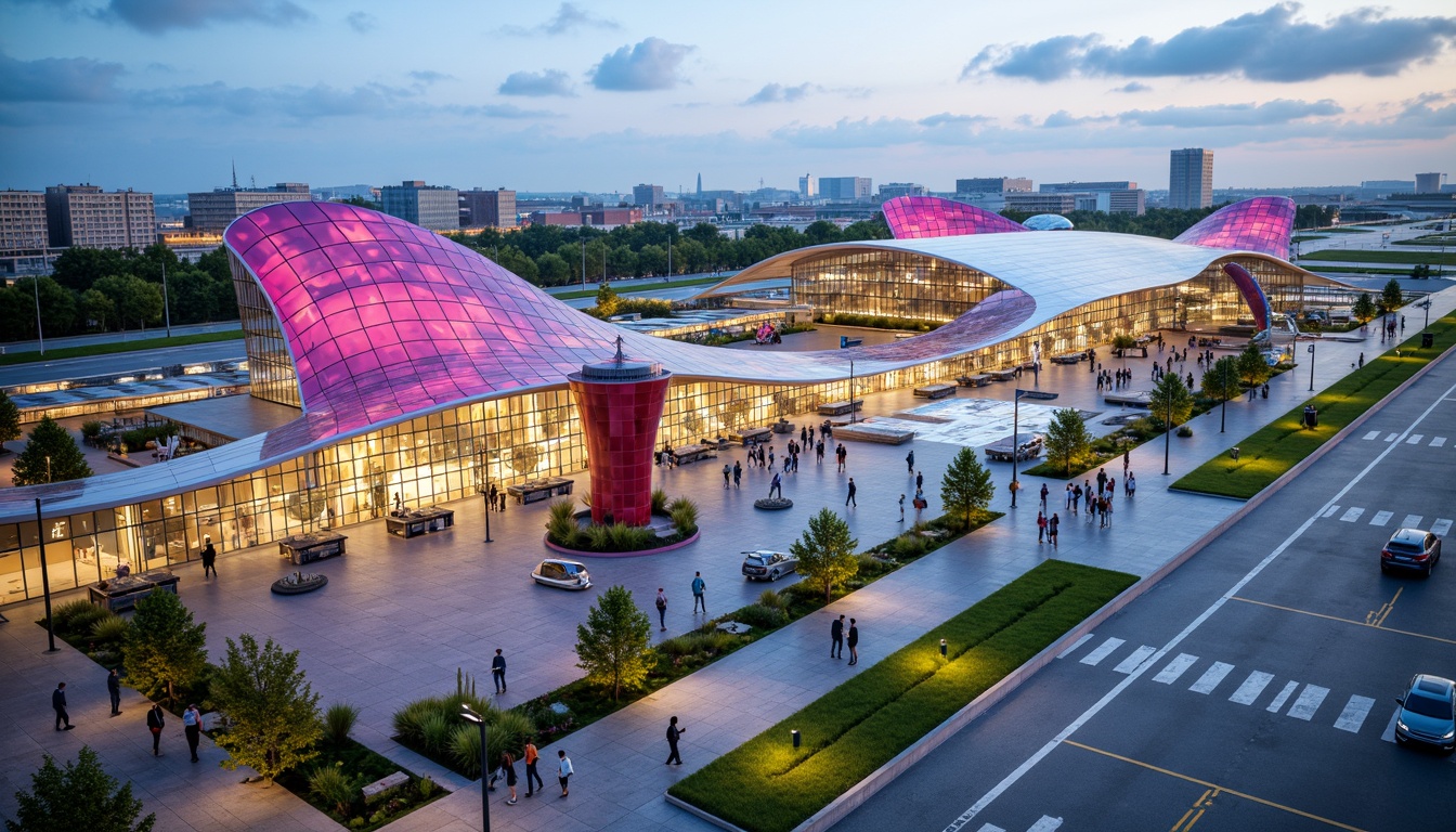 Prompt: Vibrant airport terminal, futuristic architecture, curved lines, dynamic shapes, bold colors, abstract patterns, urban landscape, busy streets, taxiways, runways, aircraft, luggage carts, modern sculptures, LED light installations, neon signs, reflective glass facades, cantilevered roofs, open spaces, natural ventilation, green walls, living trees, misting systems, shallow depth of field, 1/1 composition, panoramic view, realistic textures, ambient occlusion.