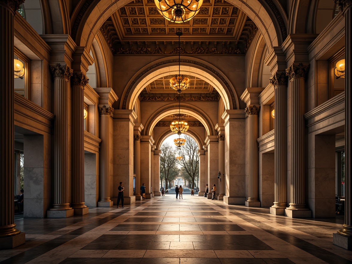 Prompt: Grand entrance, ornate details, symmetrical composition, elegant columns, intricately carved stonework, majestic archways, imposing scale, luxurious materials, metallic accents, sophisticated color palette, subtle texture variations, dramatic lighting effects, warm golden illumination, shallow depth of field, 1/1 composition, realistic reflections, ambient occlusion.