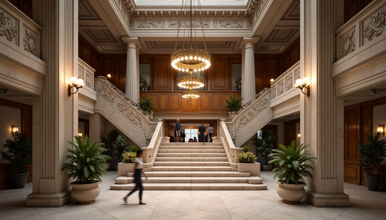 Prompt: Grandiose research center, neoclassical facade, ornate columns, carved stone details, symmetrical composition, grand entrance, sweeping staircases, elegant balustrades, refined wood paneling, luxurious chandeliers, subtle warm lighting, soft focus, shallow depth of field, 2/3 composition, panoramic view, realistic textures, ambient occlusion.