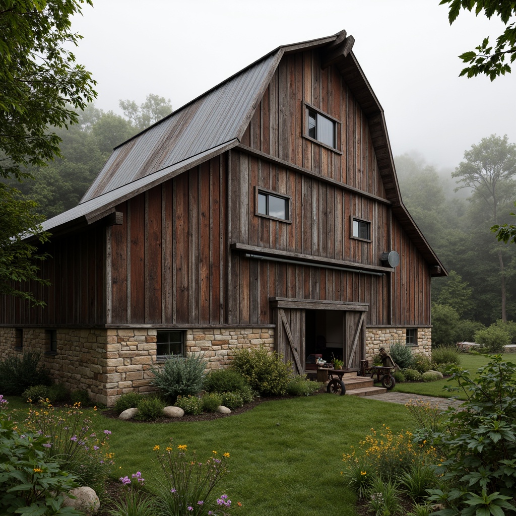 Prompt: Rustic barn, weathered wood planks, distressed finishes, earthy tones, natural stone foundations, wooden shutters, corrugated metal roofs, vintage farm equipment, overgrown wildflowers, lush greenery, misty morning, soft warm lighting, shallow depth of field, 3/4 composition, panoramic view, realistic textures, ambient occlusion.