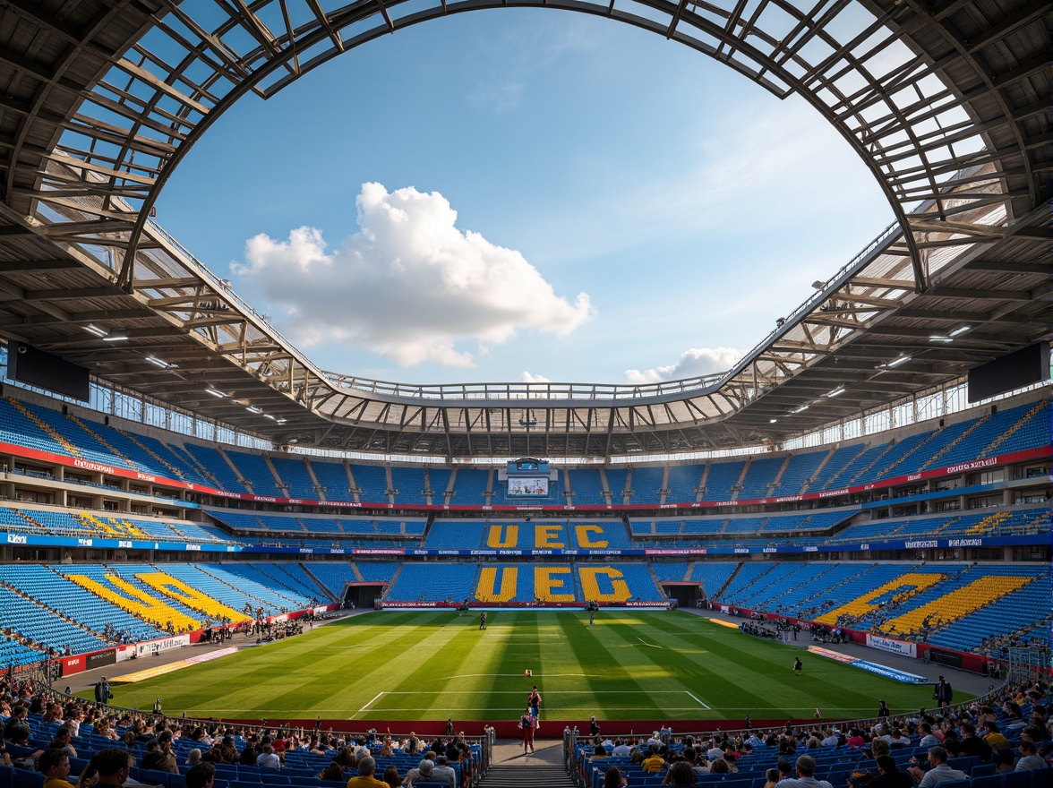 Prompt: Vibrant stadium atmosphere, electric blue seats, bright yellow accents, bold red stripes, dynamic LED lighting, modern angular architecture, sleek metal beams, polished concrete floors, energetic crowd scenes, sunny day with fluffy white clouds, shallow depth of field, 1/1 composition, realistic textures, ambient occlusion, dramatic shadows, warm golden hour lighting.