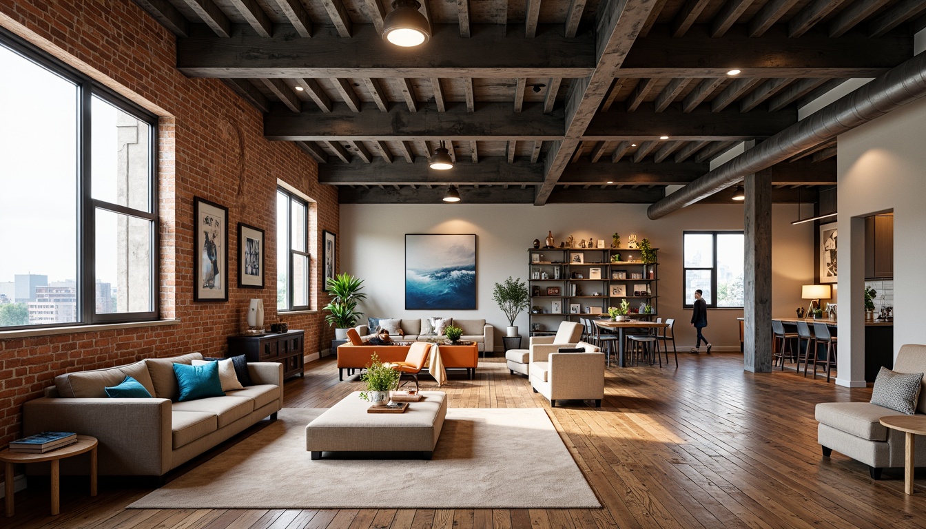 Prompt: Exposed brick walls, industrial metal beams, reclaimed wood floors, minimalist decor, abundant natural light, airy open spaces, eclectic furniture mix, vintage decorative items, urban cityscape views, concrete columns, steel windows, modern art pieces, abstract sculptures, bold colorful accents, high ceilings, functional modular layout, flexible living areas, cozy reading nooks, warm atmospheric lighting, shallow depth of field, 1/1 composition, realistic textures, ambient occlusion.