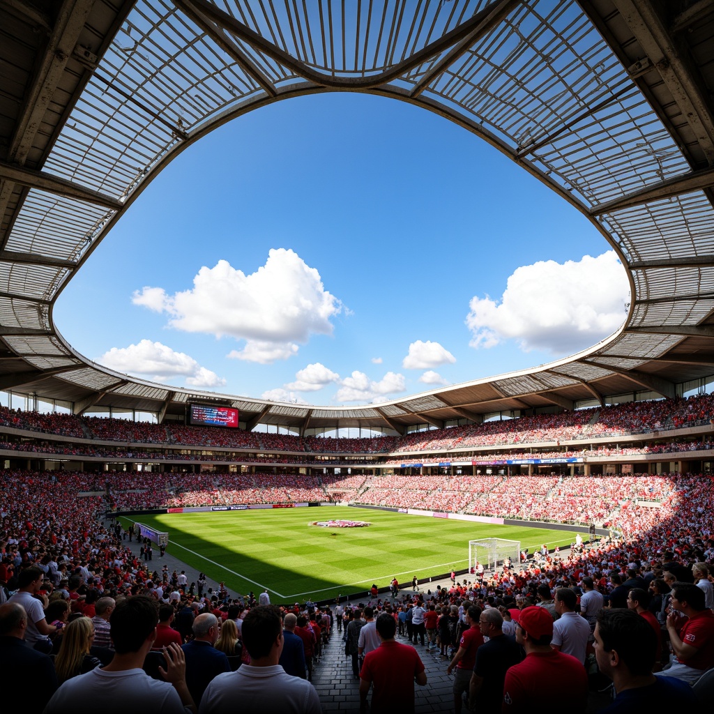 Prompt: Vibrant sports stadium, energetic crowd, bold team colors, dynamic LED lighting, sleek modern architecture, angular lines, metallic materials, concrete structures, lush green grass, athletic tracks, scoreboard displays, floodlighting, warm sunny day, shallow depth of field, 3/4 composition, panoramic view, realistic textures, ambient occlusion.