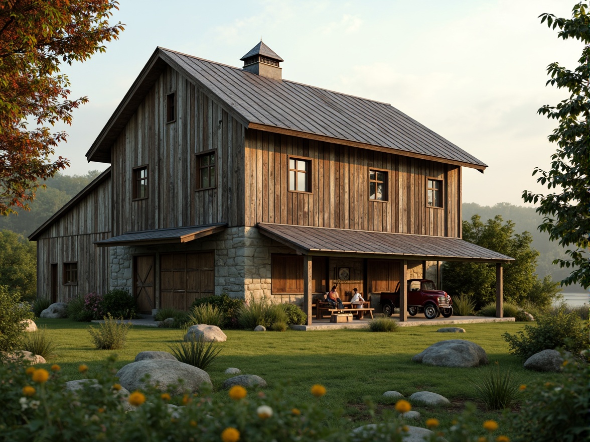 Prompt: Rustic barn, weathered wood planks, distressed finishes, earthy tones, natural stone foundations, wooden shutters, corrugated metal roofs, vintage farm equipment, overgrown wildflowers, lush greenery, misty morning, soft warm lighting, shallow depth of field, 3/4 composition, panoramic view, realistic textures, ambient occlusion.