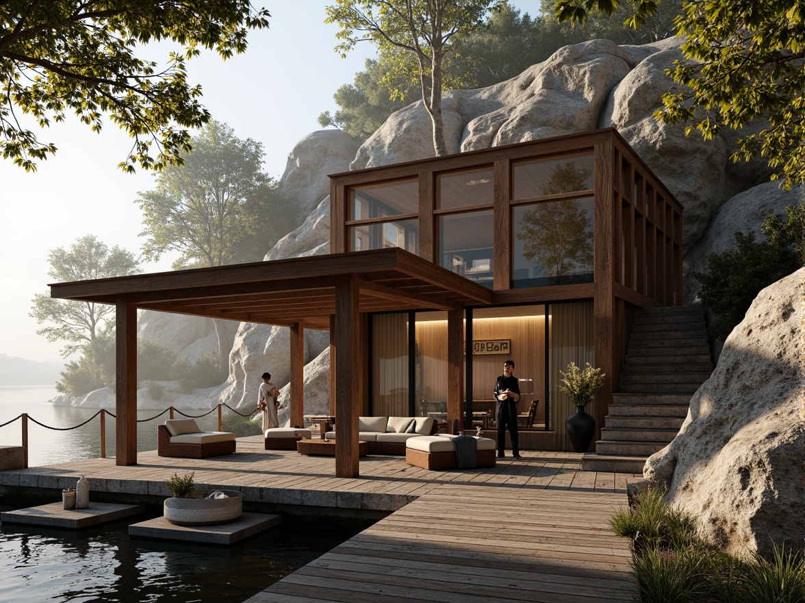 Prompt: Rustic boathouse, brutalist architecture, rugged stone walls, wooden accents, natural materials, earthy tones, waterfront location, serene lake views, surrounding foliage, overhanging trees, weathered wood docks, nautical elements, industrial chic decor, exposed ductwork, concrete floors, metal beams, floor-to-ceiling windows, soft warm lighting, misty morning atmosphere, shallow depth of field, 2/3 composition, realistic textures, ambient occlusion.