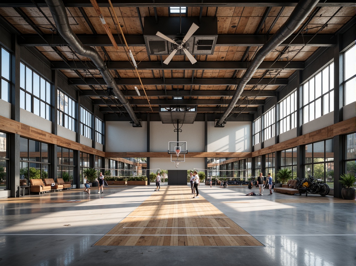 Prompt: Industrial-style gymnasium, exposed ductwork, metal beams, polished concrete floors, reclaimed wood accents, industrial lighting fixtures, steel columns, minimalist decor, functional layout, athletic equipment, basketball hoops, volleyball nets, exercise machines, free weights, mirrored walls, natural ventilation, abundant daylight, high ceilings, urban atmosphere, gritty textures, realistic reflections, shallow depth of field, 1/1 composition, dramatic shadows.