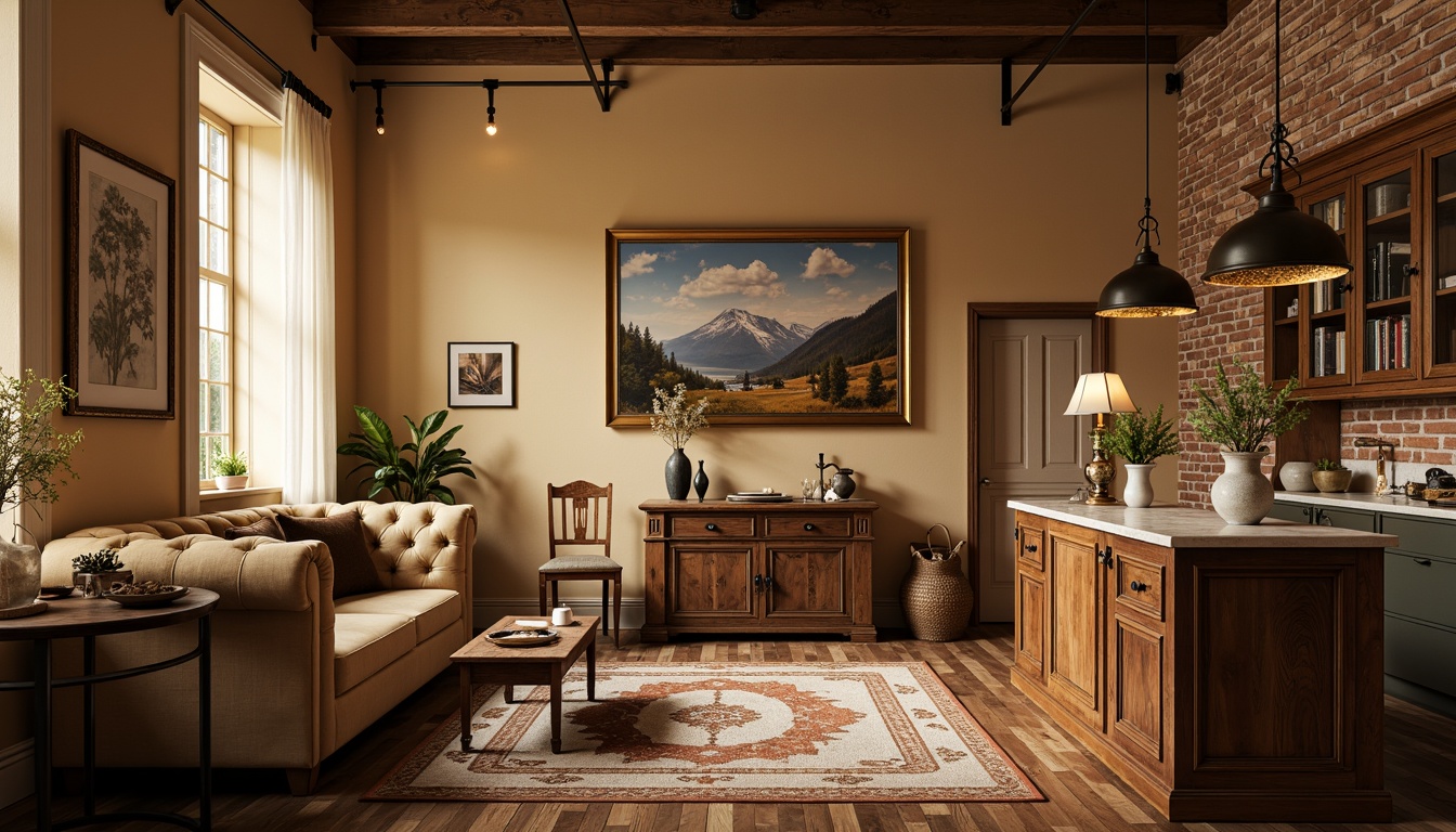 Prompt: Warm beige walls, soft velvet sofas, distressed wood flooring, ornate metal fixtures, vintage pendant lamps, plush area rugs, rich walnut cabinetry, creamy marble countertops, delicate lace curtains, antique furniture pieces, rustic brick accents, warm golden lighting, shallow depth of field, 1/1 composition, intimate atmosphere, realistic textures, ambient occlusion.