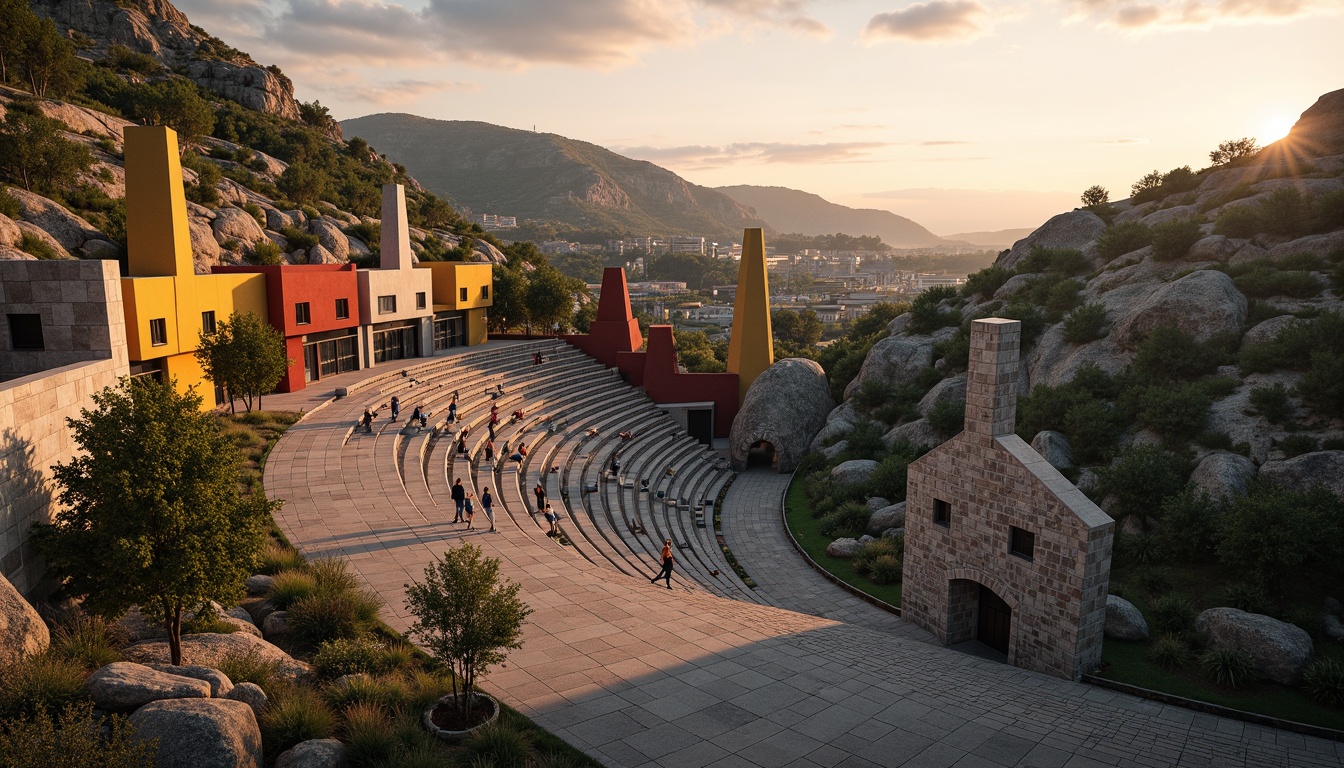 Prompt: Grand amphitheater, postmodern architecture, irregular shapes, fragmented forms, bold colors, eclectic materials, rugged stone walls, distressed wood accents, undulating terrain, lush greenery, meandering pathways, scenic overlooks, dramatic lighting, warm sunset glow, shallow depth of field, 1/2 composition, cinematic view, realistic textures, ambient occlusion.