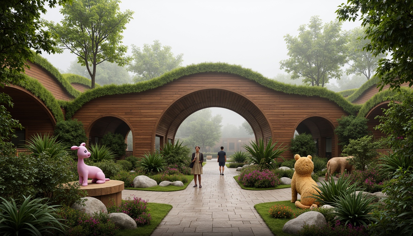 Prompt: Whimsical zoo entrance, undulating organic forms, vibrant green roofs, wavy wooden structures, natural stone walls, playful animal sculptures, meandering pathways, lush tropical plants, exotic flowers, misty atmosphere, soft warm lighting, shallow depth of field, 1/1 composition, panoramic view, realistic textures, ambient occlusion, futuristic biomimicry elements, curved lines, irregular shapes, earthy color palette, natural ventilation systems, eco-friendly materials, innovative water features.