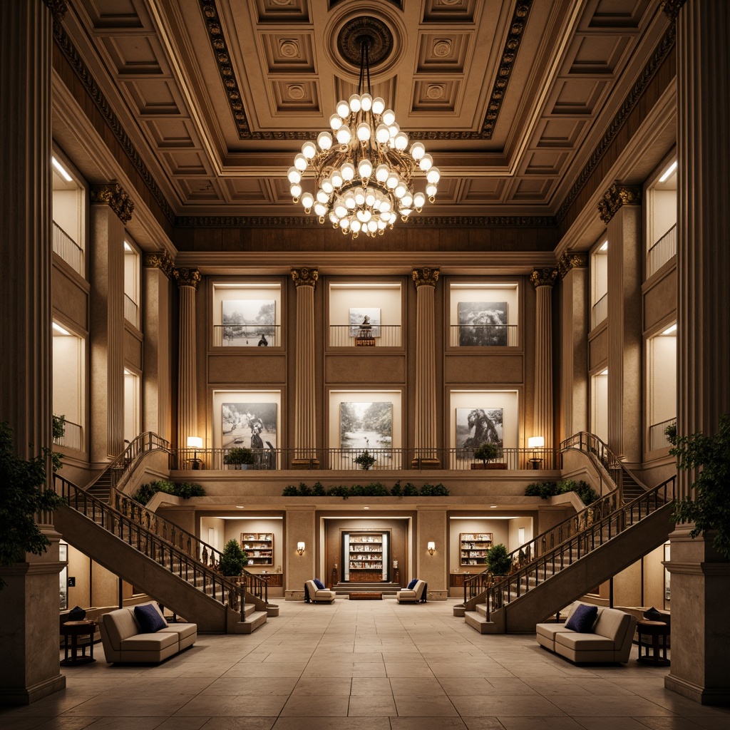 Prompt: Grandiose research center, neoclassical facade, ornate columns, carved stone details, symmetrical composition, grand entrance, sweeping staircases, elegant balustrades, refined wood paneling, luxurious chandeliers, subtle warm lighting, soft focus, shallow depth of field, 2/3 composition, panoramic view, realistic textures, ambient occlusion.