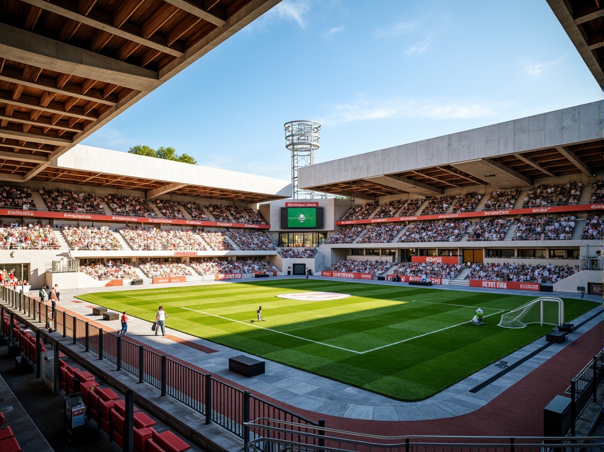 Prompt: Vibrant stadium interior, polished concrete floors, sleek metal railings, plush green grass, athletic track surfaces, weathered stone walls, rustic wooden benches, modern LED lighting, dynamic crowd atmosphere, warm sunny day, shallow depth of field, 1/1 composition, realistic textures, ambient occlusion, intricate architectural details, grandstand seating areas, scoreboard displays, sports equipment storage rooms, athlete locker rooms, VIP lounges, concession stands, food and beverage vendors.