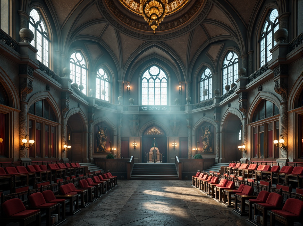 Prompt: Grandiose Gothic stadium, ornate stone carvings, vaulted ceilings, stained glass windows, intricate archways, majestic columns, regal seating areas, plush velvet cushions, golden metal accents, luxurious wooden details, atmospheric misty lighting, dramatic spotlights, 1/1 composition, symmetrical framing, realistic textures, ambient occlusion.