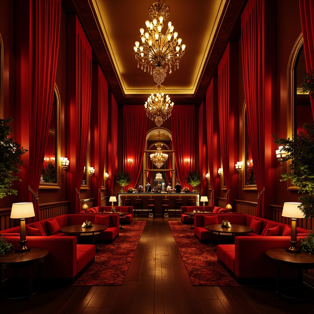 Prompt: Luxurious nightclub, rich velvet drapes, deep crimson walls, golden accents, soft candlelight, intimate seating areas, plush couches, ornate mirrors, lavish chandeliers, dark wood floors, mysterious ambiance, sensual red lighting, warm golden glow, shallow depth of field, 1/1 composition, realistic textures, ambient occlusion.