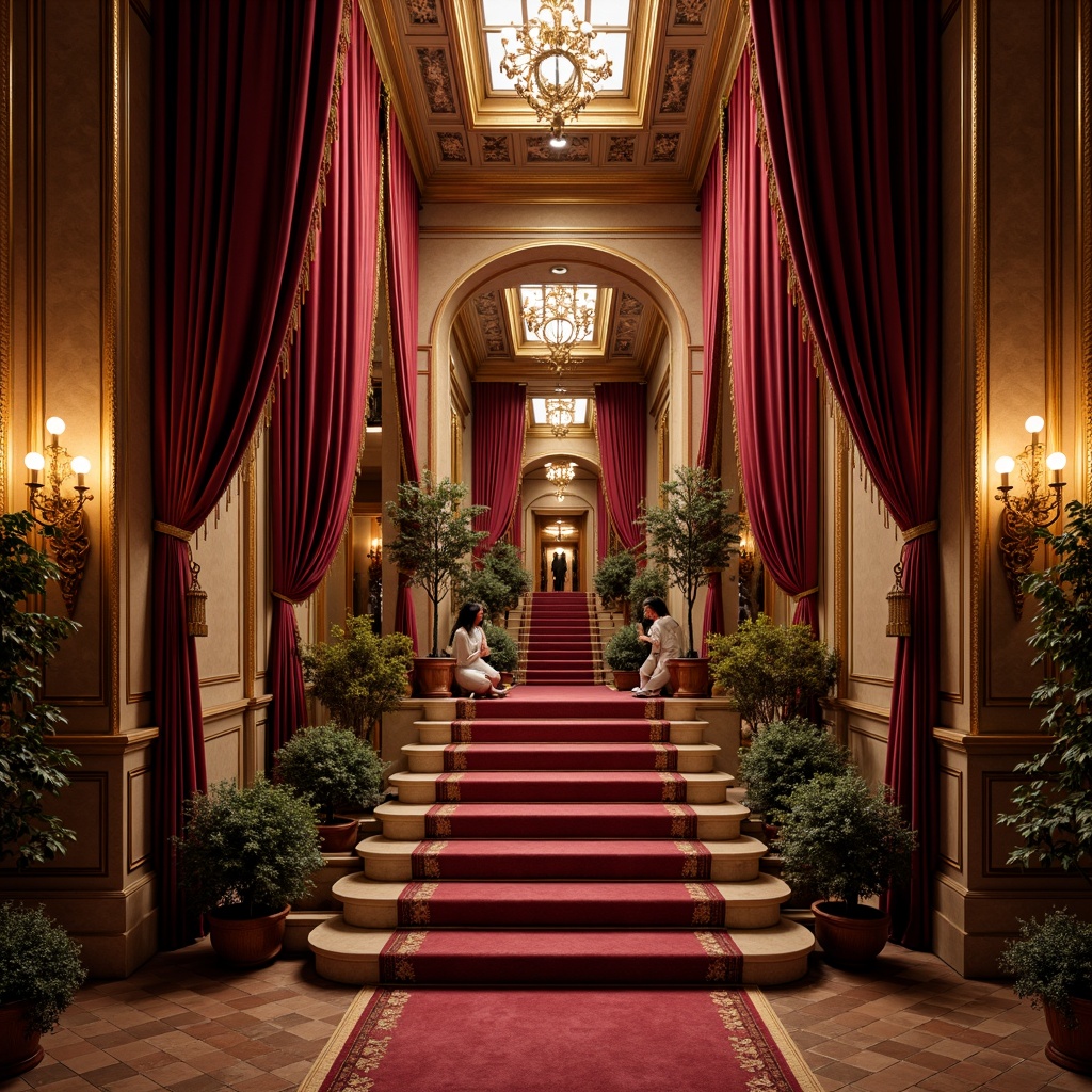 Prompt: Rich velvet curtains, ornate golden frames, lavish chandeliers, grand staircase, opulent red carpet, intricate moldings, Baroque-inspired architecture, dramatic spotlights, warm ambient lighting, shallow depth of field, 1/2 composition, realistic textures, ambient occlusion, luxurious fabrics, regal color palette, Renaissance-era motifs, ornamental details, majestic high ceilings, grandiose scale, symmetrical layout.