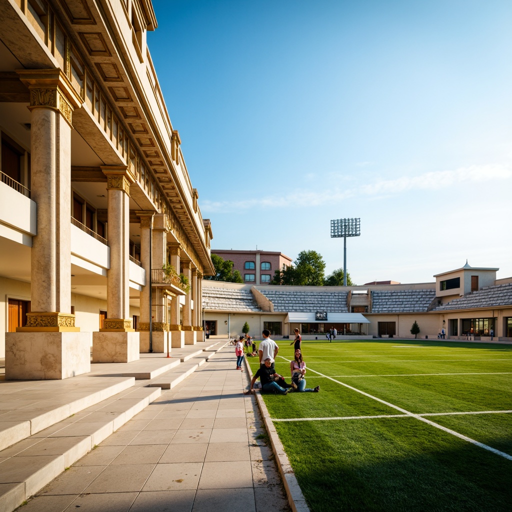 Prompt: Grandiose stadium architecture, neoclassical columns, ornate facades, marble flooring, golden accents, rich wood tones, cream-colored walls, soft beige seating, vibrant green turf, athletic track lanes, modern floodlights, clear blue sky, warm sunny day, shallow depth of field, 3/4 composition, panoramic view, realistic textures, ambient occlusion.