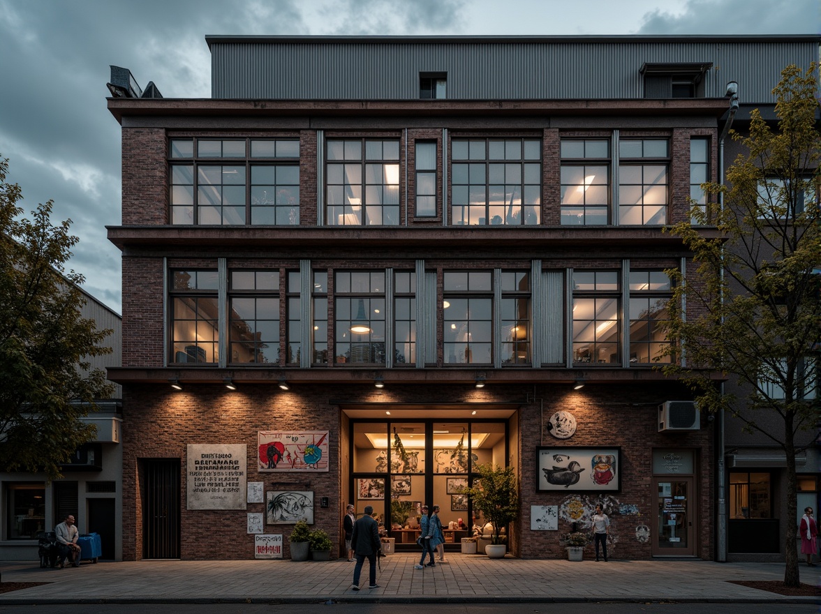 Prompt: Rustic warehouse facade, exposed brick walls, metal cladding, industrial windows, corrugated roofing, urban landscape, gritty cityscape, converted loft spaces, reclaimed wood accents, distressed finishes, vintage signage, eclectic street art, moody atmospheric lighting, dramatic shadows, 1/1 composition, low-angle shot, cinematic mood, realistic textures, ambient occlusion.