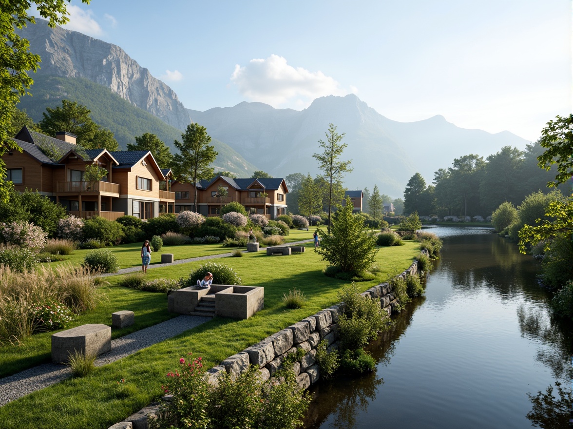 Prompt: Eco-friendly buildings, green roofs, solar panels, wind turbines, water conservation systems, sustainable materials, organic curves, natural stone walls, lush vegetation, serene lakeside, misty mountains, vibrant wildflowers, warm sunny day, soft diffused lighting, shallow depth of field, 3/4 composition, panoramic view, realistic textures, ambient occlusion.