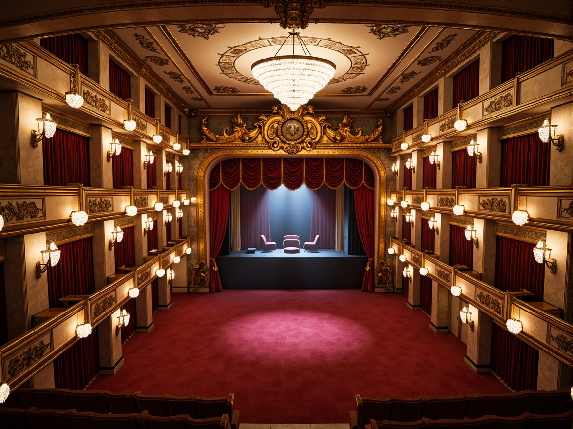 Prompt: Grand opera house, ornate details, rich velvet curtains, gilded moldings, marble columns, intricate frescoes, crystal chandeliers, luxurious red carpets, golden balconies, neoclassical arches, symmetrical composition, dramatic spotlights, warm soft lighting, shallow depth of field, 1/1 composition, realistic textures, ambient occlusion.