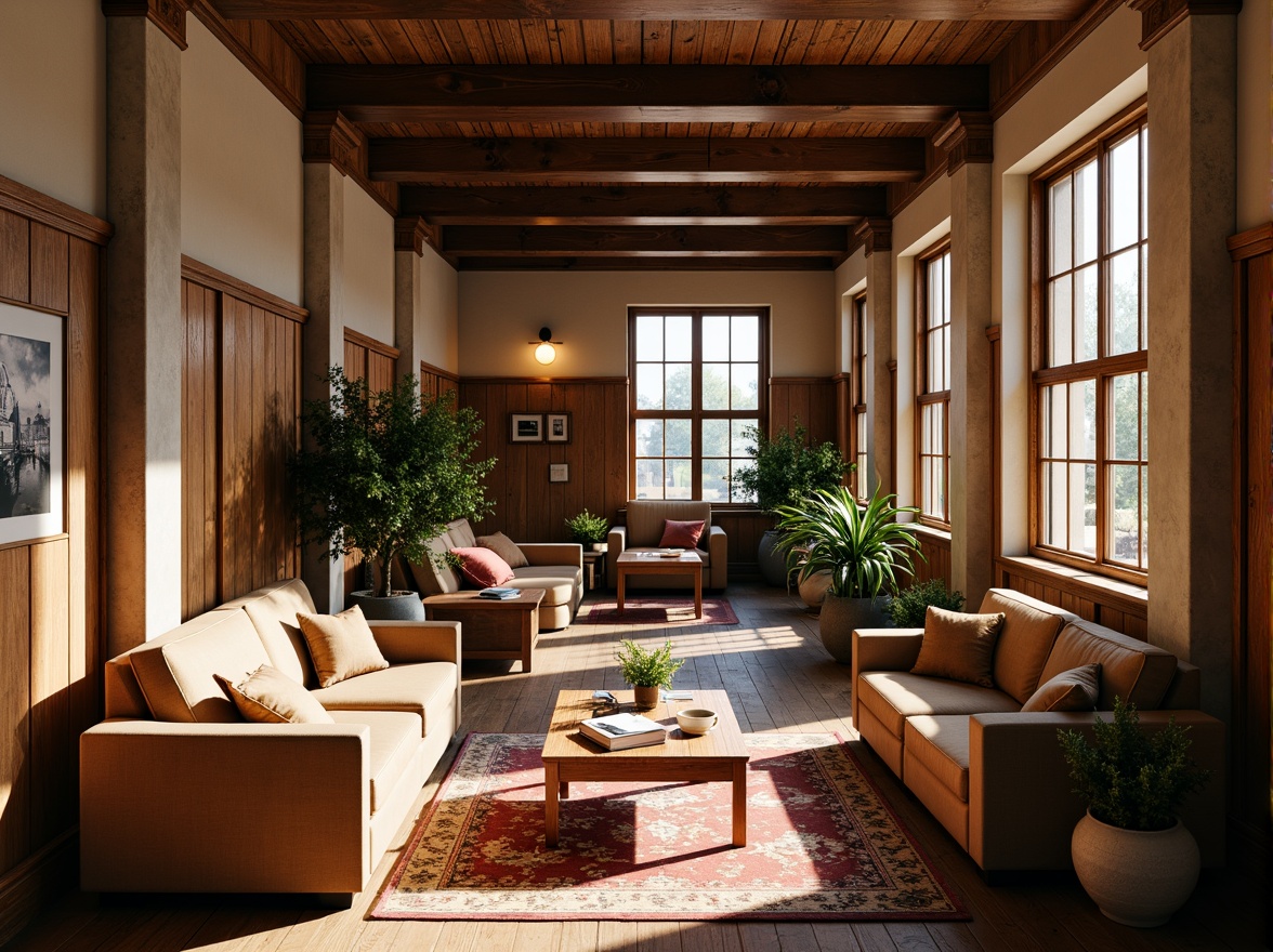 Prompt: Cozy student lounge, warm wooden accents, soft natural lighting, large windows, elegant archways, classic columns, comfortable sofas, rustic coffee tables, vintage rugs, earthy color palette, subtle texture details, morning sunlight, gentle shadows, shallow depth of field, 1/1 composition, realistic render, ambient occlusion.