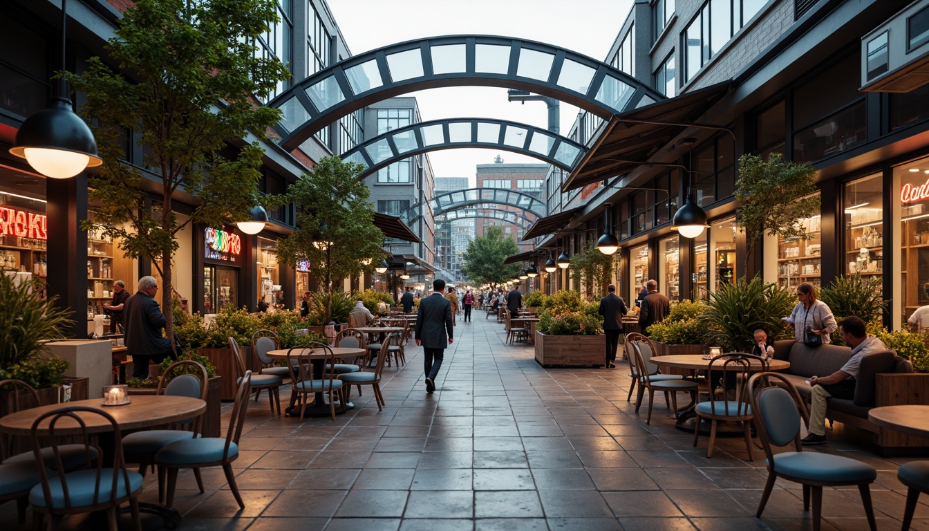 Prompt: Monochromatic modern market, sleek glass roofs, polished metal accents, industrial chic concrete floors, reclaimed wood textures, vibrant neon signage, eclectic mix of vintage and contemporary furniture, urban cityscape backdrop, overcast sky with soft warm lighting, shallow depth of field, 1/1 composition, realistic reflections, ambient occlusion.