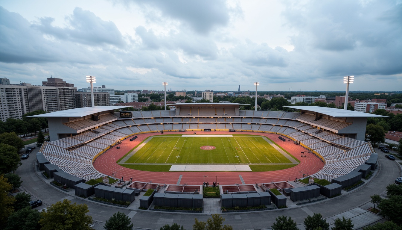 Prompt: Functional stadium layout, asymmetrical fa\u00e7ade, rectangular shapes, industrial materials, exposed ductwork, minimalist aesthetics, open circulation spaces, cantilevered roofs, geometric patterns, bold color schemes, athletic track, football field, spectator seating, modernist architecture, urban landscape, cloudy sky, dramatic lighting, high contrast, 1/2 composition, wide-angle lens, realistic textures, ambient occlusion.