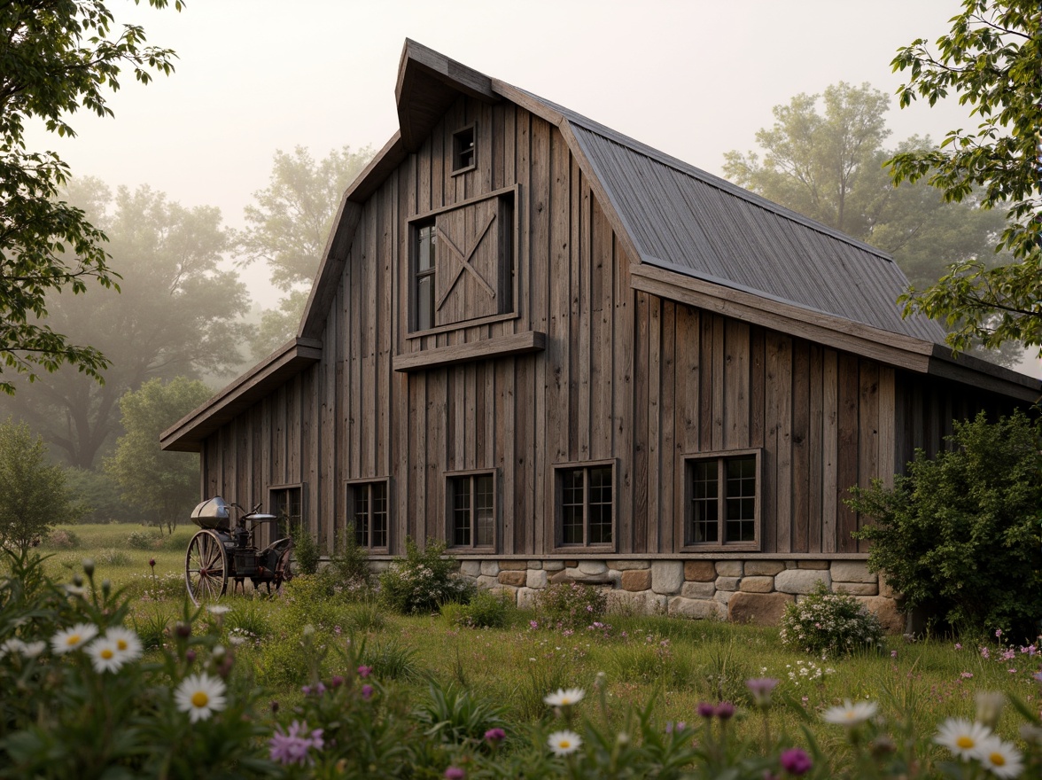 Prompt: Rustic barn, weathered wood planks, distressed finishes, earthy tones, natural stone foundations, wooden shutters, corrugated metal roofs, vintage farm equipment, overgrown wildflowers, lush greenery, misty morning, soft warm lighting, shallow depth of field, 3/4 composition, panoramic view, realistic textures, ambient occlusion.