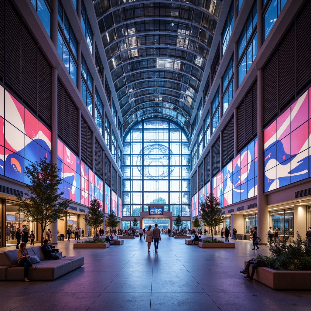 Prompt: Vibrant airport terminal, curved lines, dynamic shapes, bold colors, abstract patterns, futuristic architecture, large glass windows, metallic structures, LED light installations, digital displays, modern signage, airy atriums, open spaces, natural stone floors, sleek benches, minimalist decor, ambient lighting, shallow depth of field, 3/4 composition, panoramic view, realistic textures, ambient occlusion.