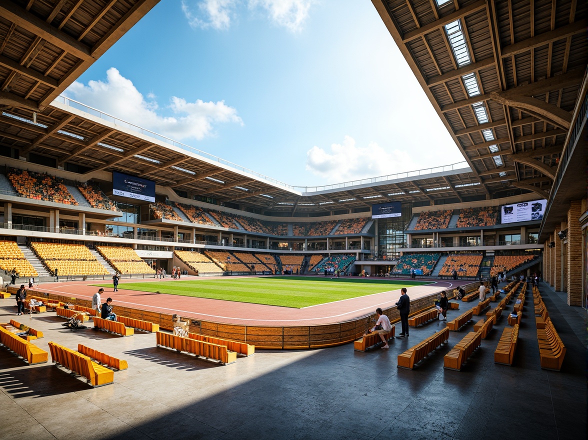 Prompt: Vibrant stadium interior, polished concrete floors, sleek metal railings, plush green grass, athletic track surfaces, weathered stone walls, rustic wooden benches, modern LED lighting, dynamic crowd atmosphere, warm sunny day, shallow depth of field, 1/1 composition, realistic textures, ambient occlusion, intricate architectural details, grandstand seating areas, scoreboard displays, sports equipment storage rooms, athlete locker rooms, VIP lounges, concession stands, food and beverage vendors.