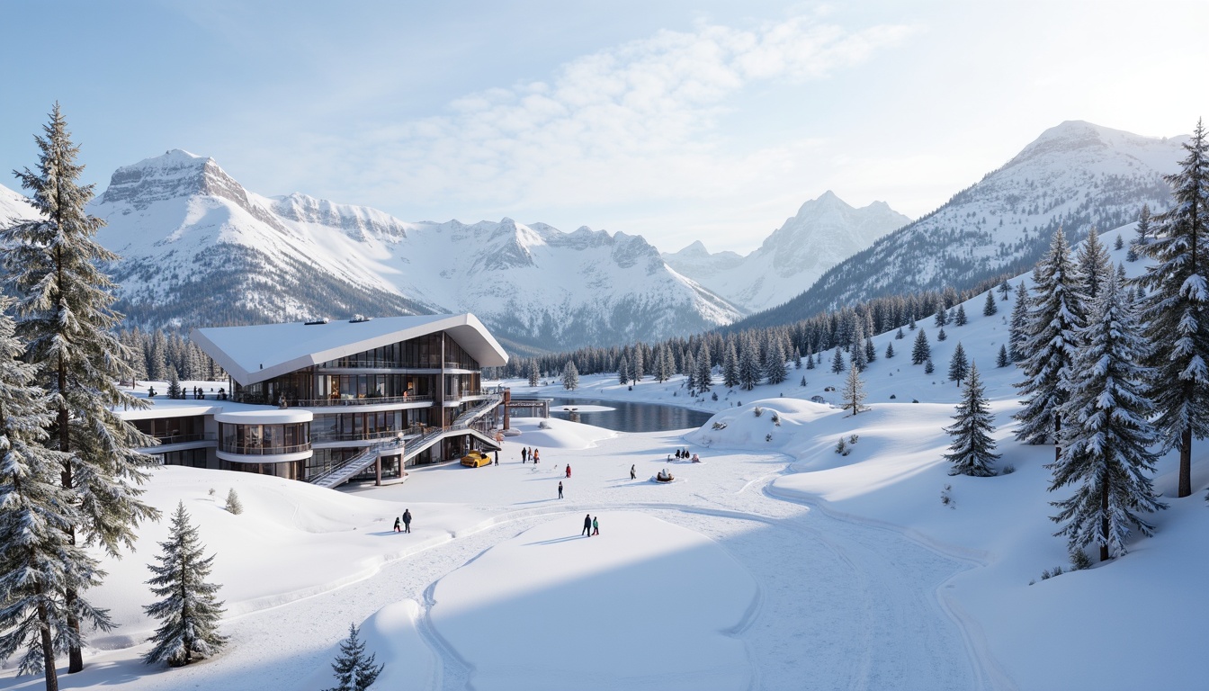 Prompt: Snow-capped mountains, frosty pine trees, icy slopes, modern ski center, sleek glass facades, angular metal frames, minimalist design, clean lines, monochromatic color scheme, snowflake-inspired patterns, frozen lake views, misty morning atmosphere, soft warm lighting, shallow depth of field, 3/4 composition, panoramic view, realistic textures, ambient occlusion.