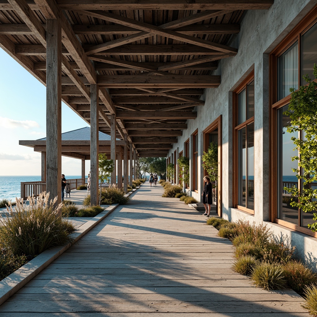 Prompt: Weathered wooden docks, rusty metal railings, driftwood accents, ocean-battered concrete walls, salt-resistant glass windows, coral-inspired stonework, seaweed-covered roofs, beachy sandy floors, nautical-themed decorative elements, distressed finishes, weathered steel beams, ocean-blue color palette, natural textures, earthy tones, 1/2 composition, warm soft lighting, shallow depth of field, realistic reflections.