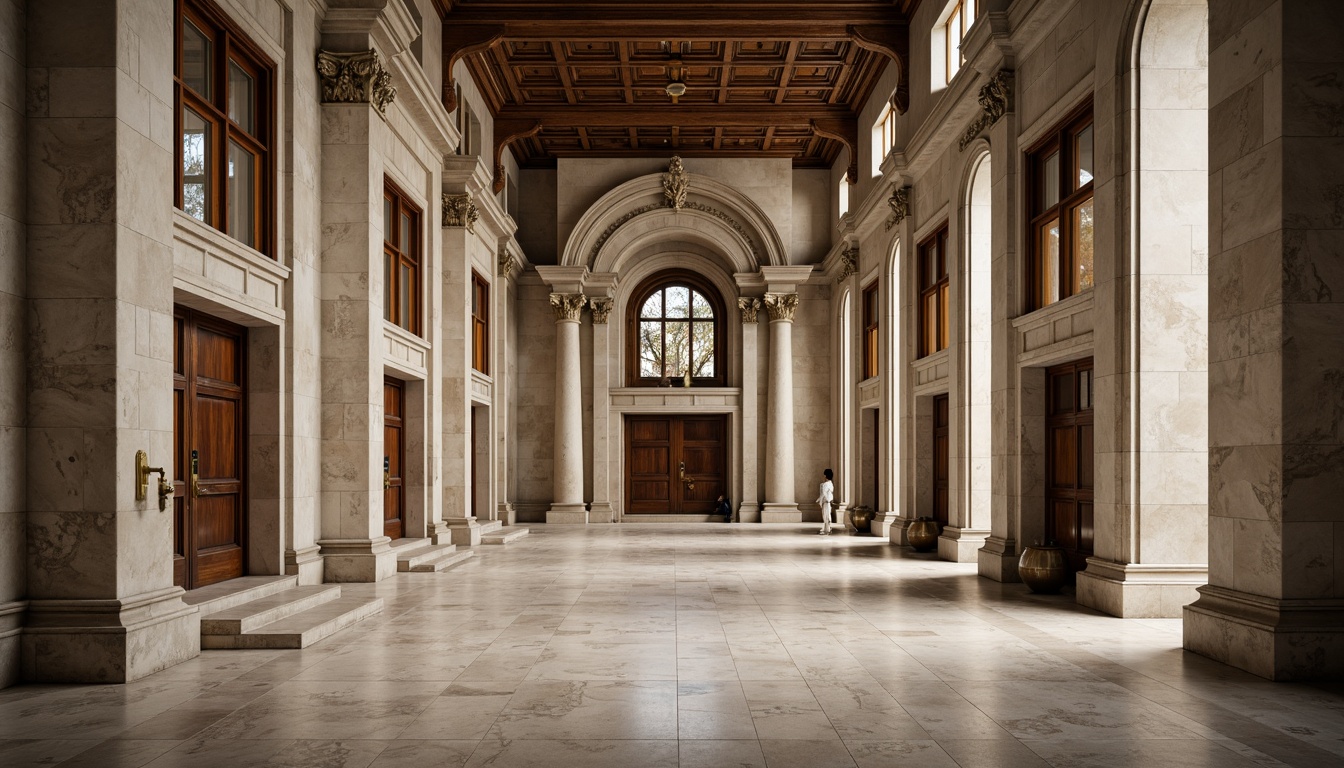 Prompt: Elegant university building, neoclassical facade, limestone walls, granite columns, ornate details, wooden doors, bronze hardware, stained glass windows, high ceilings, marble floors, intricate moldings, subtle color palette, natural light, soft warm lighting, shallow depth of field, 1/1 composition, symmetrical view, realistic textures, ambient occlusion.