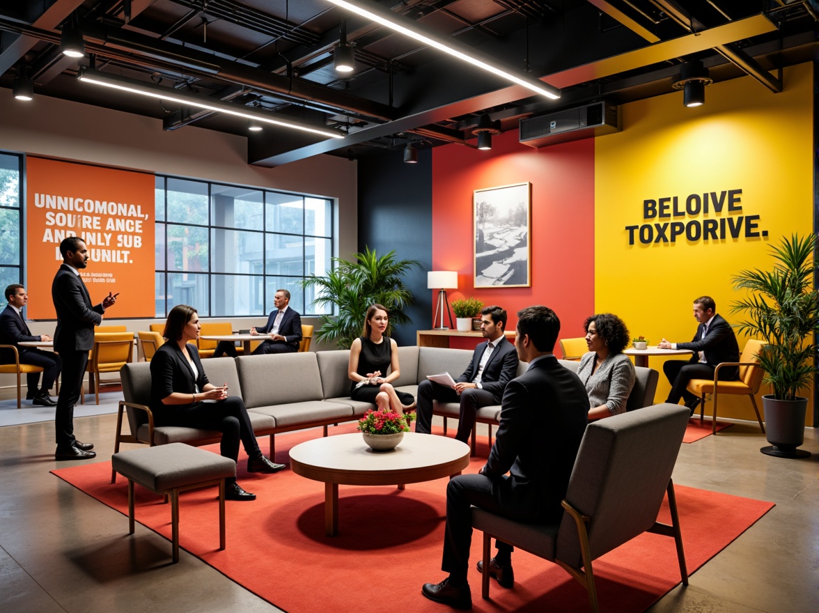 Prompt: Vibrant business conference room, modern minimalist furniture, sleek metal accents, bold corporate branding, bright accent walls, motivational quotes, inspirational artwork, professional attire, diverse group of people, energetic atmosphere, warm and inviting lighting, shallow depth of field, 3/4 composition, realistic textures, ambient occlusion.