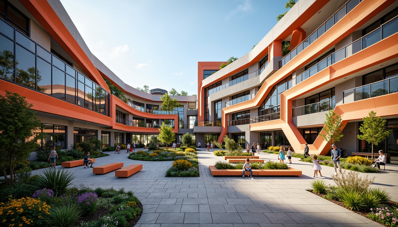 Prompt: Vibrant high school building, fusion architecture style, curved lines, dynamic shapes, bold color scheme, metallic materials, transparent glass walls, open-air courtyard, lush greenery, educational signage, modern furniture, collaborative learning spaces, flexible classrooms, interactive whiteboards, natural stone flooring, abundant daylight, soft warm lighting, shallow depth of field, 3/4 composition, panoramic view, realistic textures, ambient occlusion.