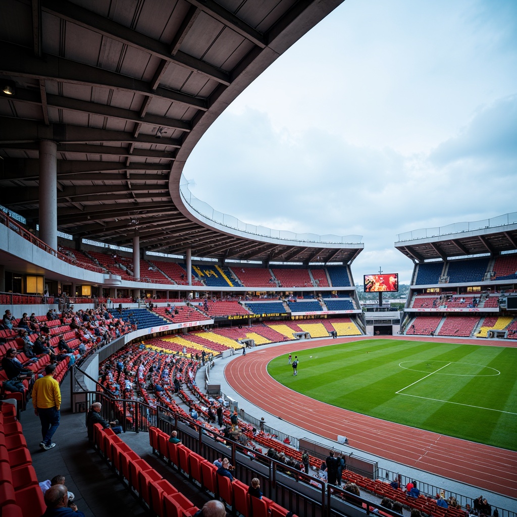 Prompt: Grandstand seating, cantilevered roofs, steel beams, reinforced concrete columns, vibrant team colors, dynamic LED lighting, lush green turf, athletic tracks, scoreboard displays, modern architecture, angular lines, minimalist design, open-air concourses, stairway access, elevated views, panoramic vistas, dramatic shadows, high-contrast textures, realistic materials, ambient occlusion.