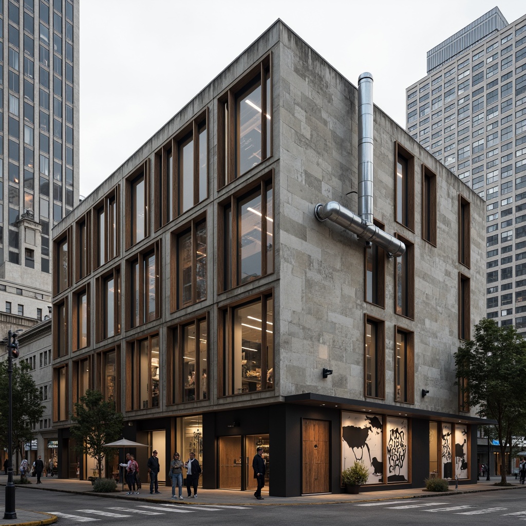 Prompt: Rustic constructivist building, exposed concrete walls, rough stone textures, metallic accents, industrial pipes, reclaimed wood planks, distressed finishes, brutalist fa\u00e7ade, geometric patterns, abstract murals, urban cityscape, overcast sky, dramatic shadows, high-contrast lighting, 1/1 composition, symmetrical framing, realistic renderings, ambient occlusion.