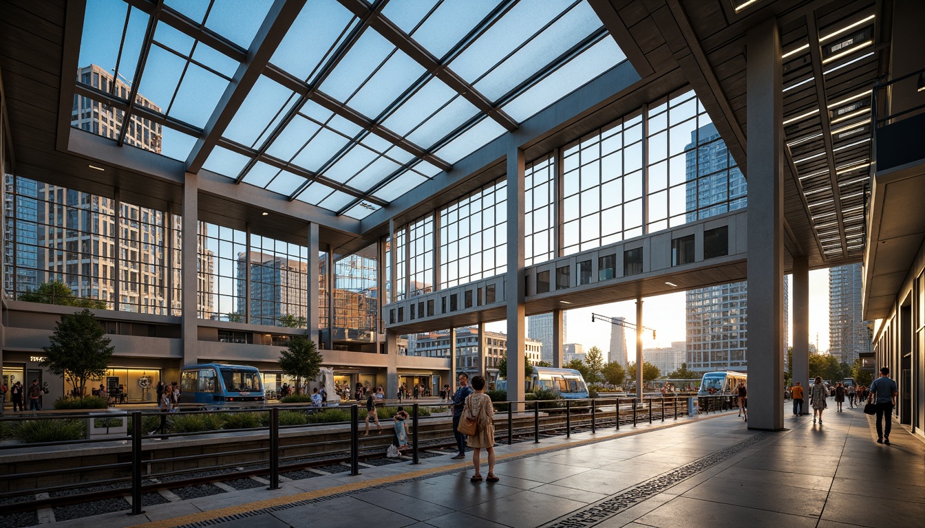 Prompt: Vibrant train station, large glass roofs, clerestory windows, transparent canopies, open atriums, minimalist columns, sleek metal beams, polished concrete floors, modern architecture, abundant natural light, soft warm ambiance, shallow depth of field, 3/4 composition, panoramic view, realistic textures, ambient occlusion, bustling atmosphere, rush hour scenes, urban landscape, city skyline, morning sunlight, afternoon glow, evening twilight.