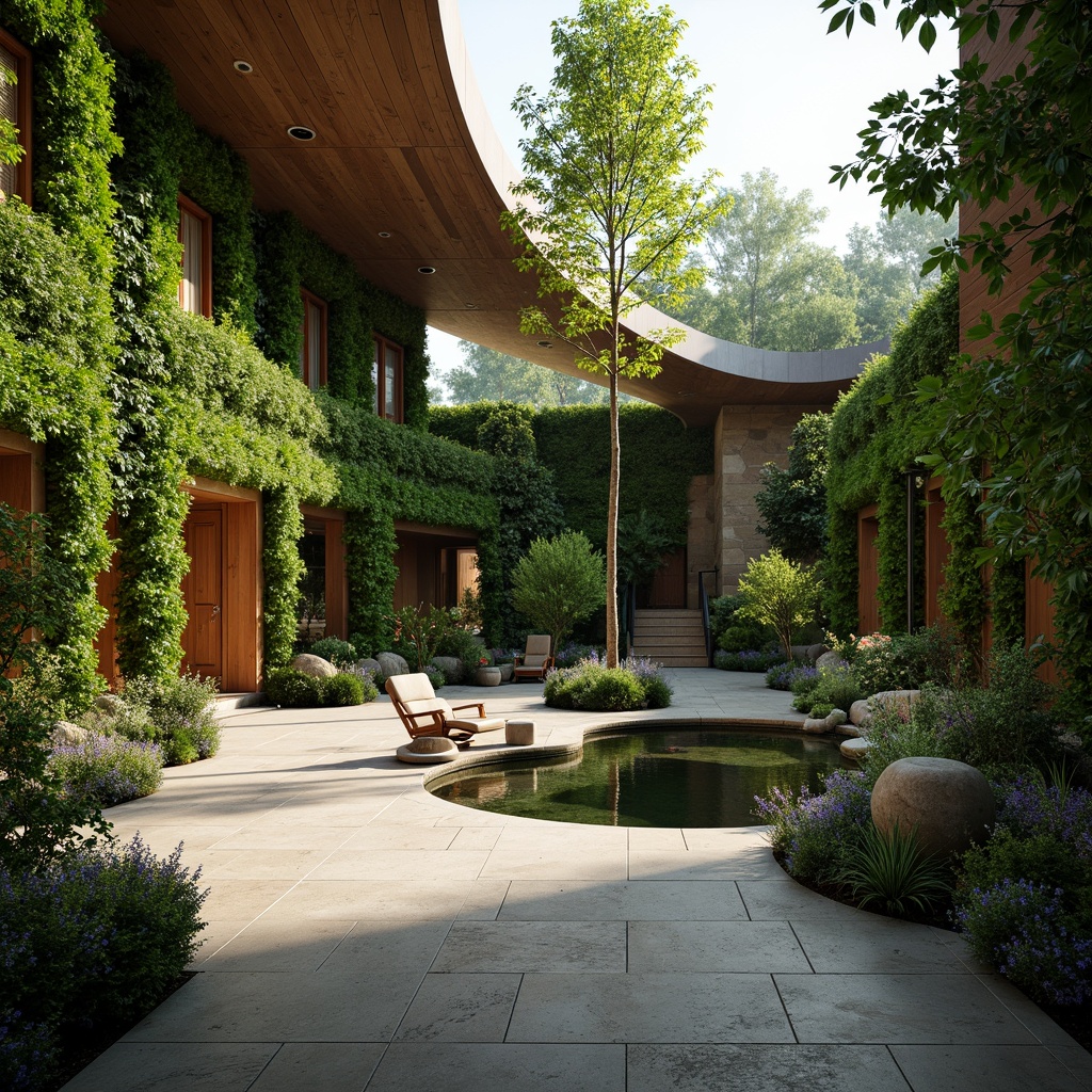 Prompt: Lush green walls, natural stone floors, reclaimed wood accents, living roofs, verdant courtyards, organic shapes, curved lines, earthy tones, abundant daylight, clerestory windows, skylights, solar tubes, bioluminescent lighting, water features, koi ponds, green screens, trellises, vines, botanical patterns, natural ventilation systems, passive design strategies, sustainable building materials, eco-friendly furnishings, serene ambiance, soft warm lighting, shallow depth of field, 3/4 composition, panoramic view, realistic textures, ambient occlusion.