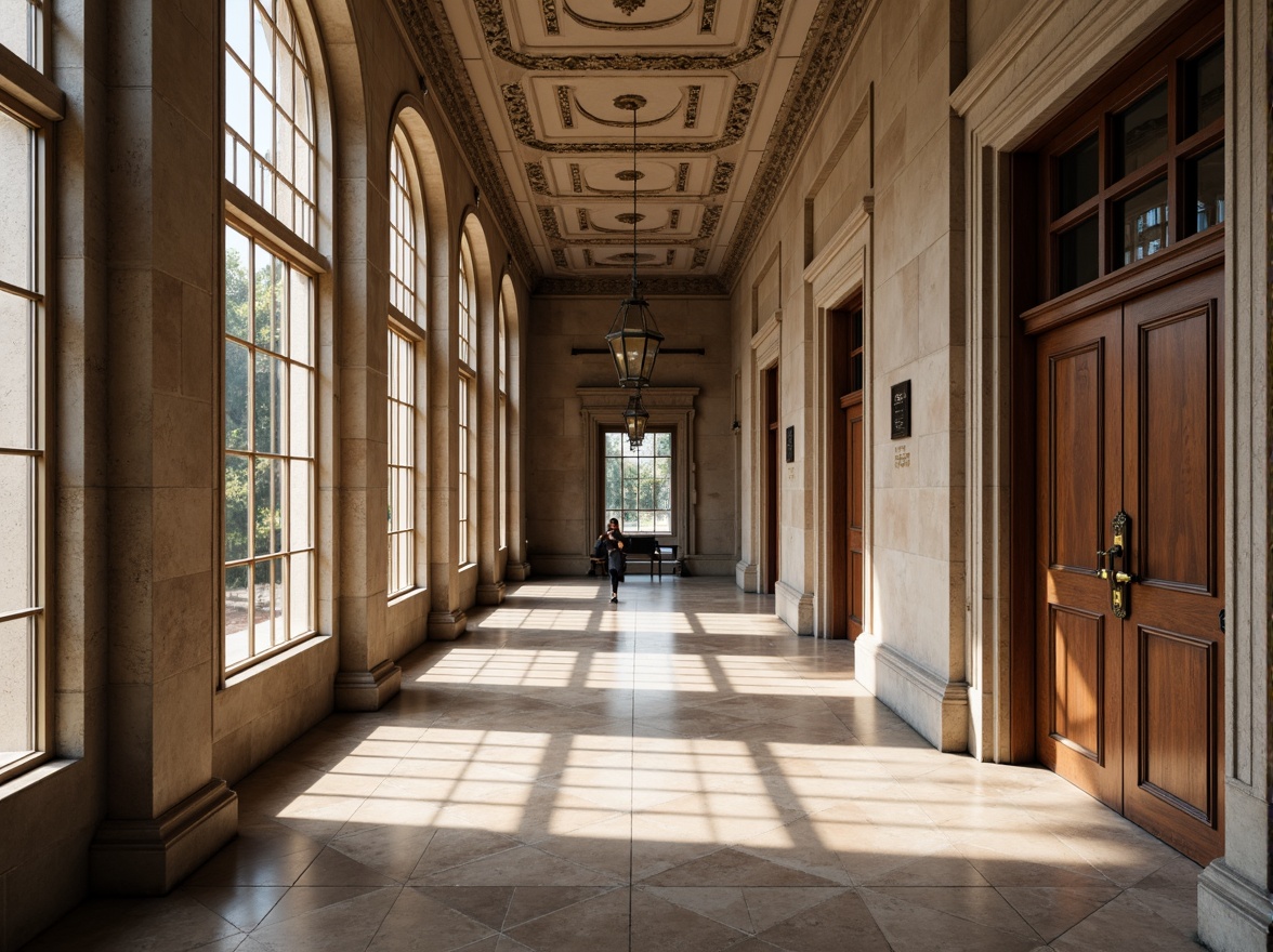 Prompt: Elegant university building, neoclassical facade, limestone walls, granite columns, ornate details, wooden doors, bronze hardware, stained glass windows, high ceilings, marble floors, intricate moldings, subtle color palette, natural light, soft warm lighting, shallow depth of field, 1/1 composition, symmetrical view, realistic textures, ambient occlusion.