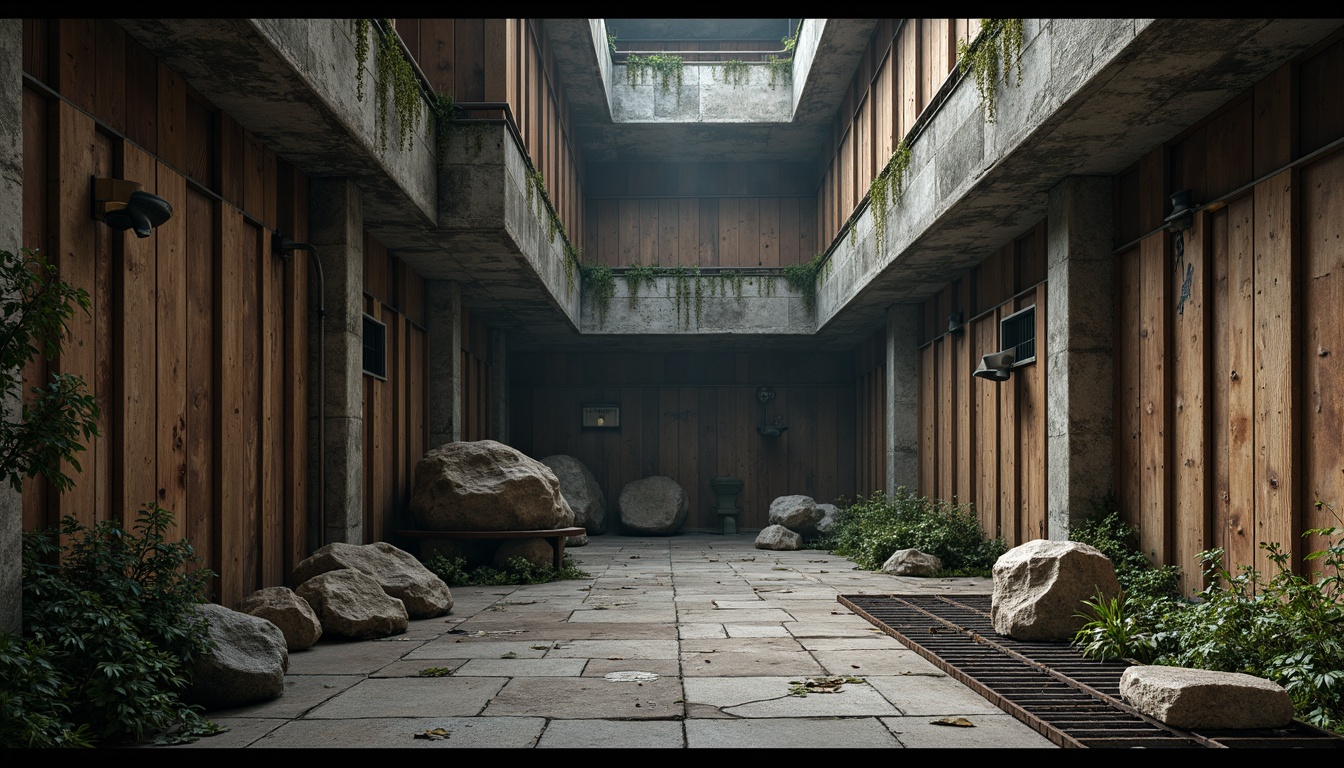 Prompt: Rugged stone walls, distressed wood planks, rough-hewn boulders, metallic grates, industrial pipes, worn concrete floors, peeling paint, rusty hinges, weathered steel beams, cracked earth, moss-covered rocks, overgrown vegetation, misty atmosphere, soft natural lighting, cinematic composition, high-contrast ratio, dramatic shadows, realistic normal maps.