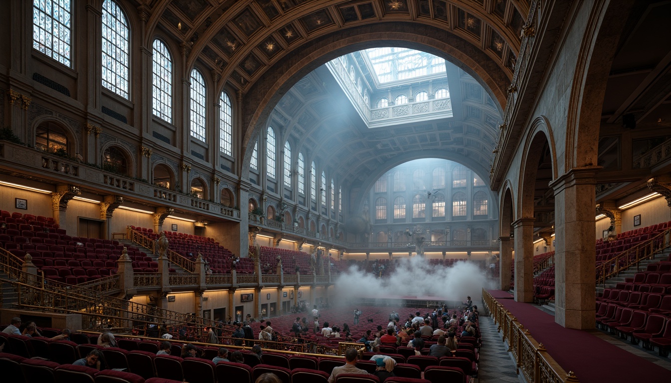 Prompt: Grandiose Gothic stadium, ornate stone carvings, vaulted ceilings, stained glass windows, intricate archways, majestic columns, regal seating areas, plush velvet cushions, golden metal accents, luxurious wooden details, atmospheric misty lighting, dramatic spotlights, 1/1 composition, symmetrical framing, realistic textures, ambient occlusion.