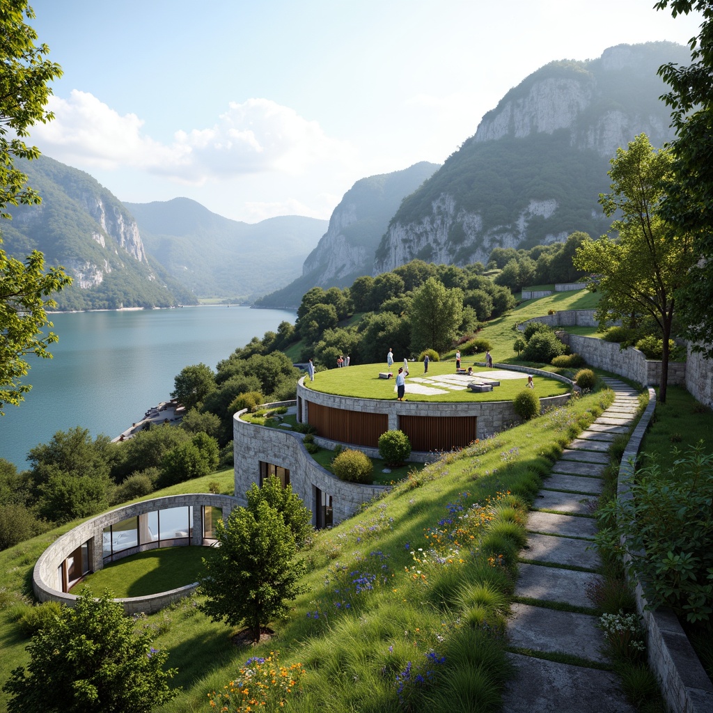 Prompt: Eco-friendly buildings, green roofs, solar panels, wind turbines, water conservation systems, sustainable materials, organic curves, natural stone walls, lush vegetation, serene lakeside, misty mountains, vibrant wildflowers, warm sunny day, soft diffused lighting, shallow depth of field, 3/4 composition, panoramic view, realistic textures, ambient occlusion.