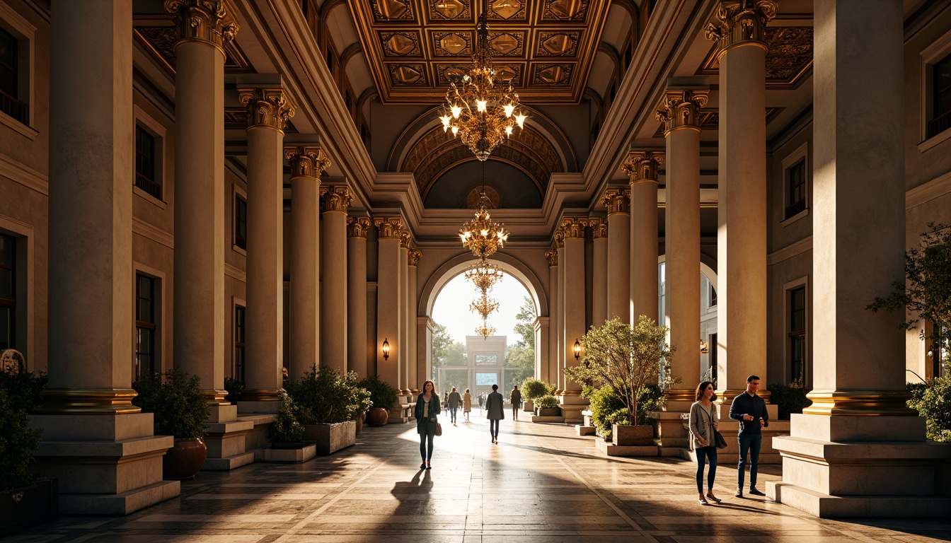 Prompt: Grand entrance, ornate details, symmetrical composition, elegant columns, intricately carved stonework, majestic archways, imposing scale, luxurious materials, metallic accents, sophisticated color palette, subtle texture variations, dramatic lighting effects, warm golden illumination, shallow depth of field, 1/1 composition, realistic reflections, ambient occlusion.