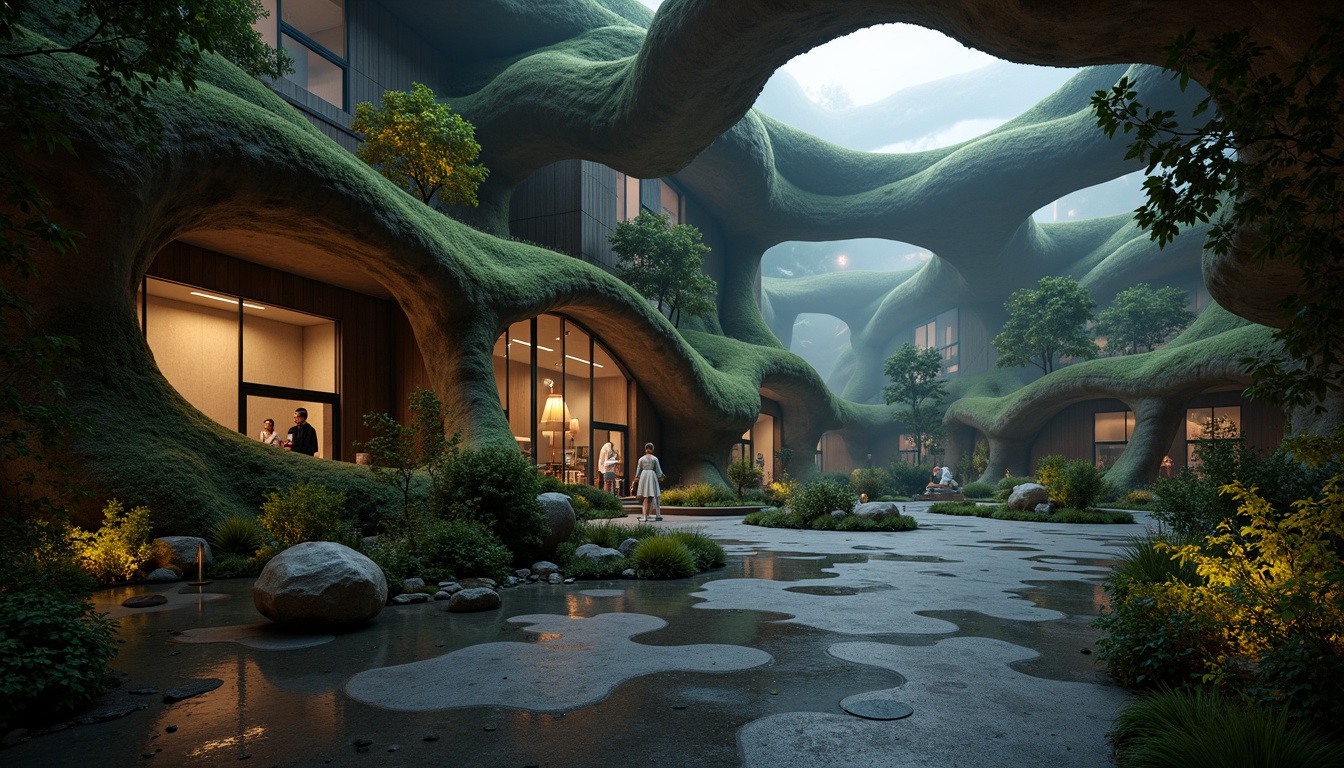 Prompt: Curved blob-like structures, irregular shapes, amoeba-inspired forms, soft rounded edges, fluidic architecture, natural materials, earthy tones, moss-covered walls, wooden accents, organic textures, wavy lines, abstract patterns, futuristic ambiance, neon-lit nighttime scene, misty atmosphere, shallow depth of field, 1/1 composition, cinematic lighting, realistic renderings, ambient occlusion.